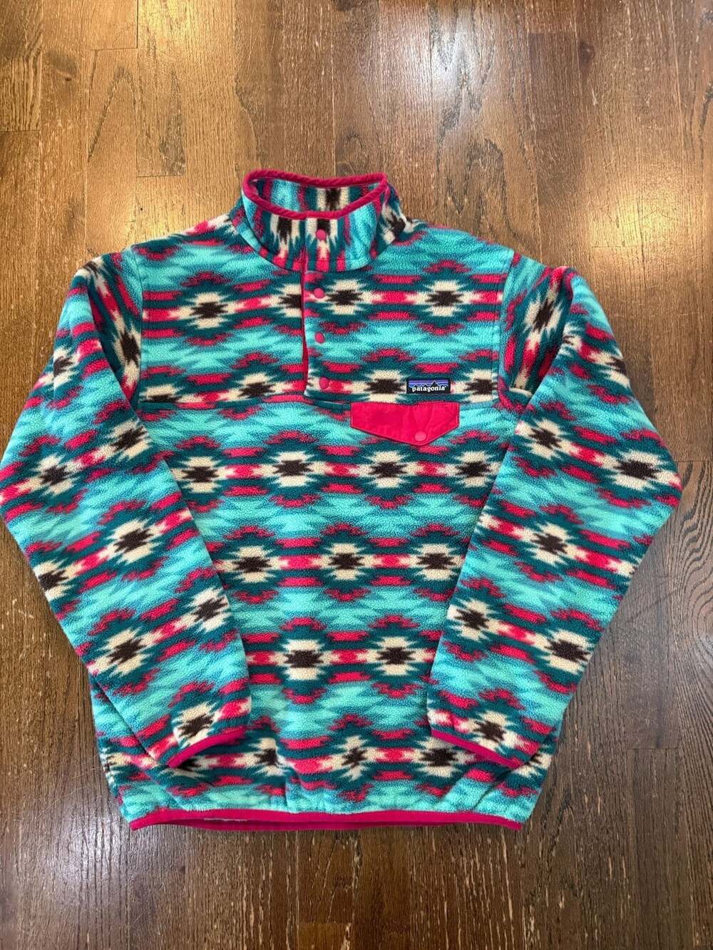 Patagonia Women's Synchilla Snap-T Fleece Aztec Southwestern Teal Pink Size S